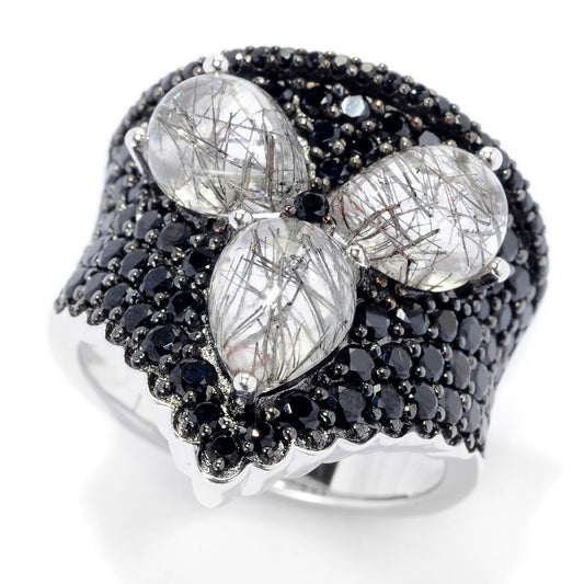 Pinctore Sterling Silver 3ctw Rutile Quartz & 1.8ctw Black Spinel Ring - pinctore