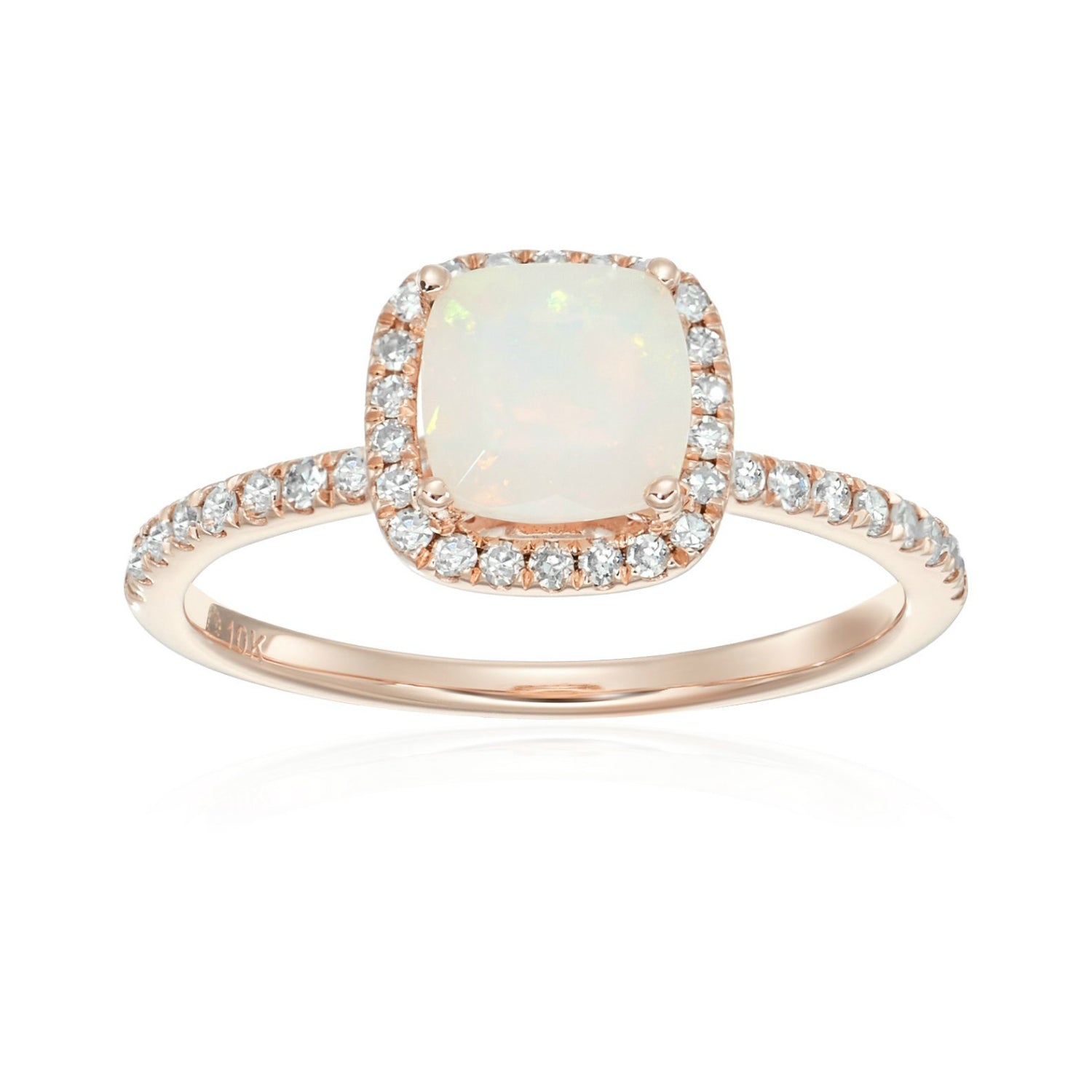 10k Rose Gold Ethiopian Opal and Diamond Cushion Halo Engagement Ring  (1/4cttw, H-I Color, I1-I2 Clarity),