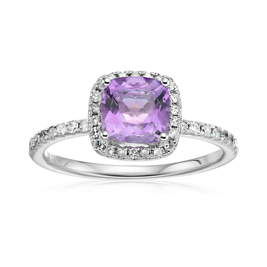 10k White Gold African Amethyst and Diamond Cushion Halo Engagement Ring (1/4cttw, H-I Color, I1-I2 Clarity), - pinctore