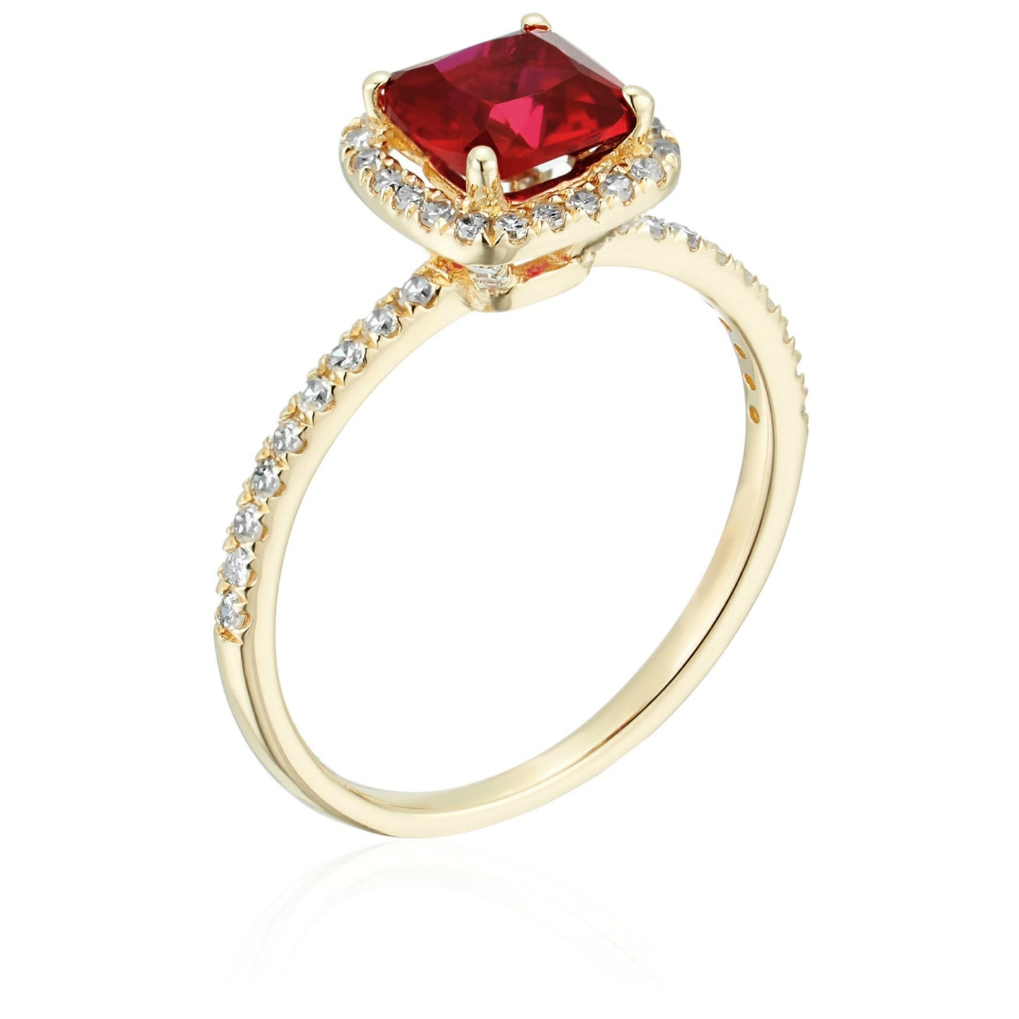 10k Yellow Gold Red Garnet and Diamond Cushion Halo Engagement Ring (1/4cttw, H-I Color, I1-I2 Clarity), - pinctore