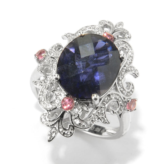 Pinctore Sterling Silver 4ctw Iolite, Pink Tourmaline & White Zircon Cocktail Ring - pinctore