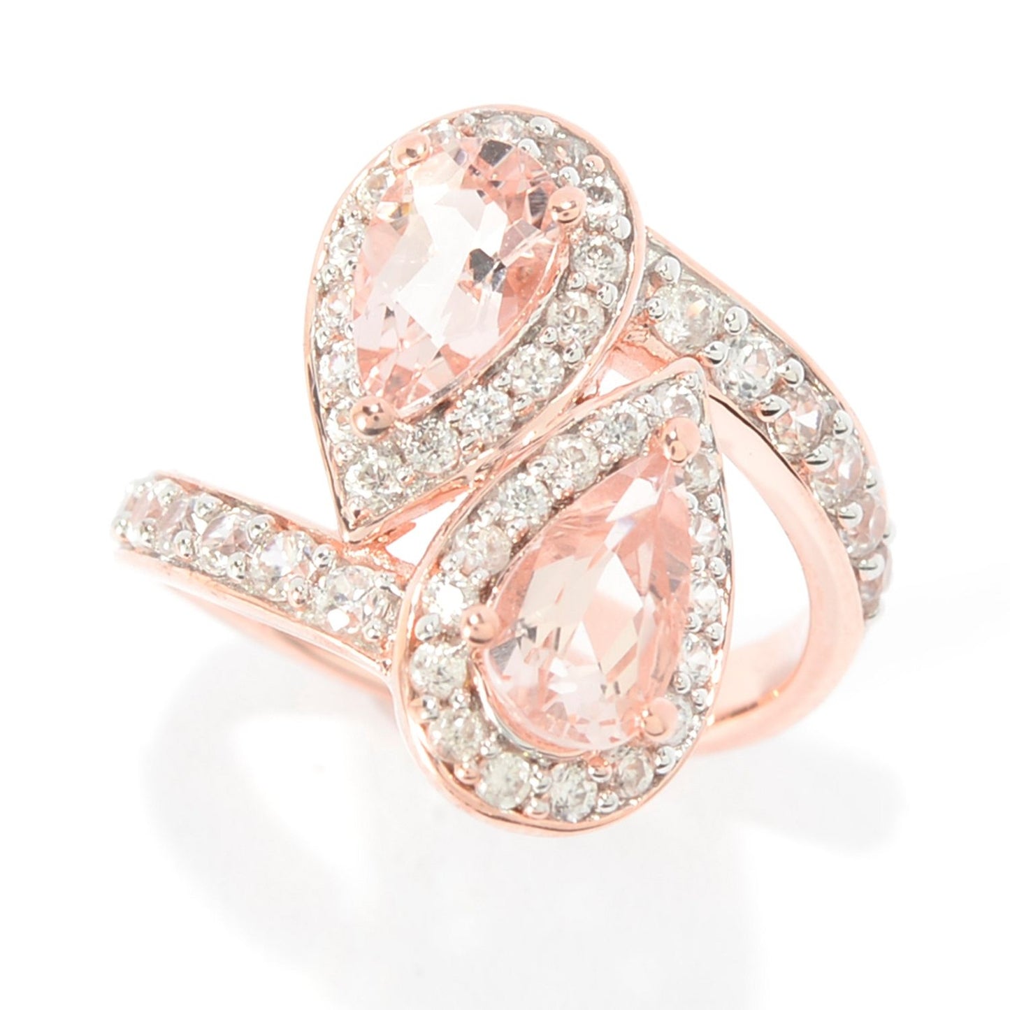 Pinctore SS/ 18K Rose Vermeil 2.9ctw Morganite & White Zircon Halo Bypass Ring - pinctore