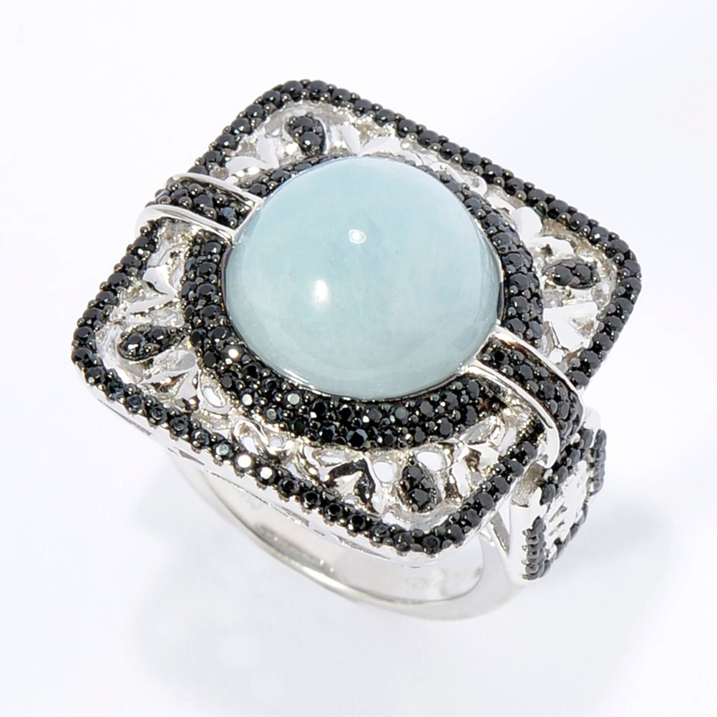 Pinctore SS/ 8.3ctw Milky Aquamarine & Black Spinel Square Halo Cocktail Ring - pinctore