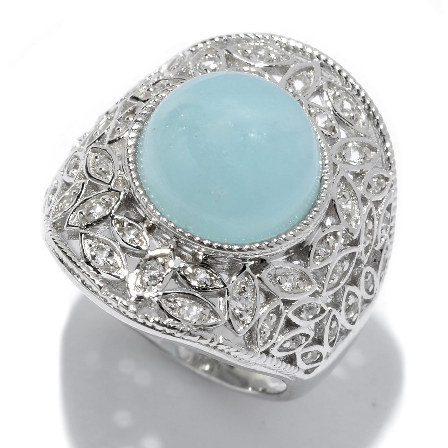 Pinctore Sterling Silver 11mm Round Milky Aquamarine and White Topaz Ring - pinctore