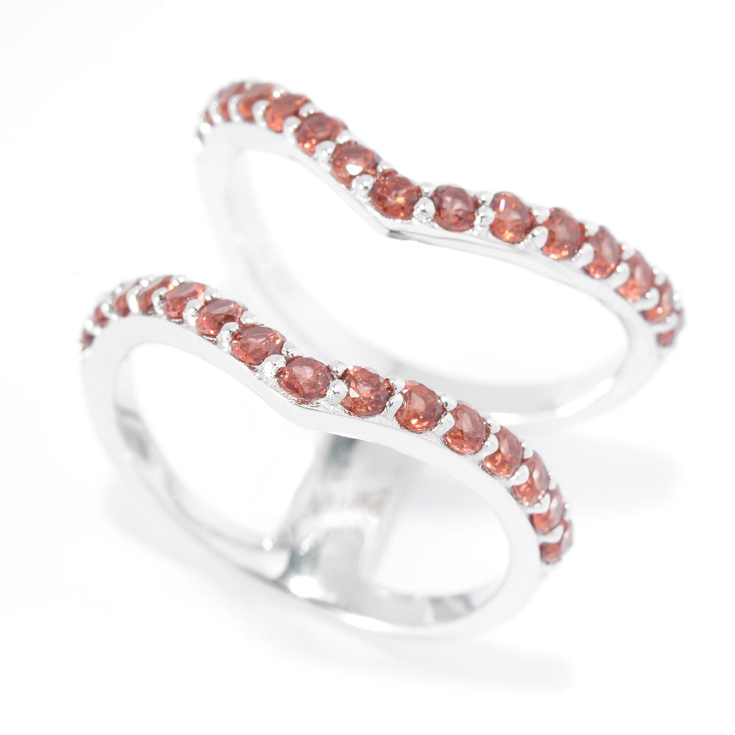 Pinctore Sterling Silver Two-Row Split 1.32ctw Red Garnet Chevron Ring - pinctore