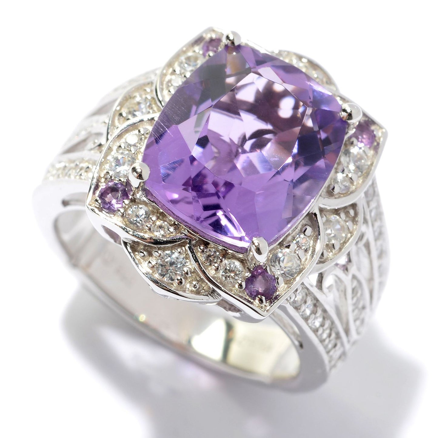 925 Sterling Silver African Amethyst, Pink Amethyst, White Natural Zircon Ring - Pinctore