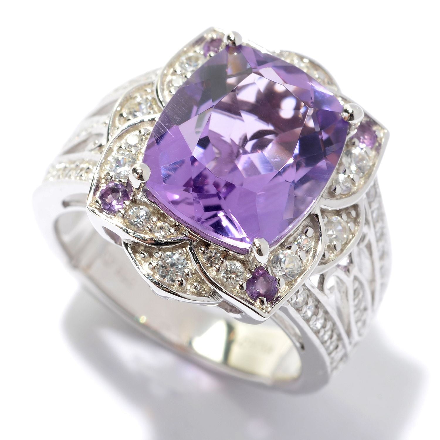 925 Sterling Silver African Amethyst, Pink Amethyst, White Natural Zircon Ring - Pinctore