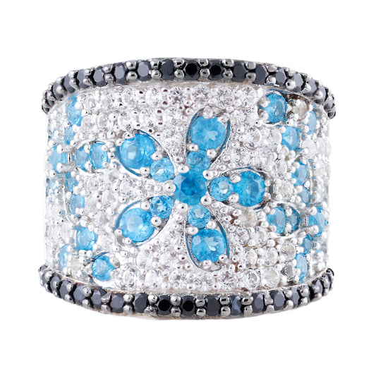 925 Sterling Silver Neon Apatite, Black Spinel, White Topaz Ring - Pinctore