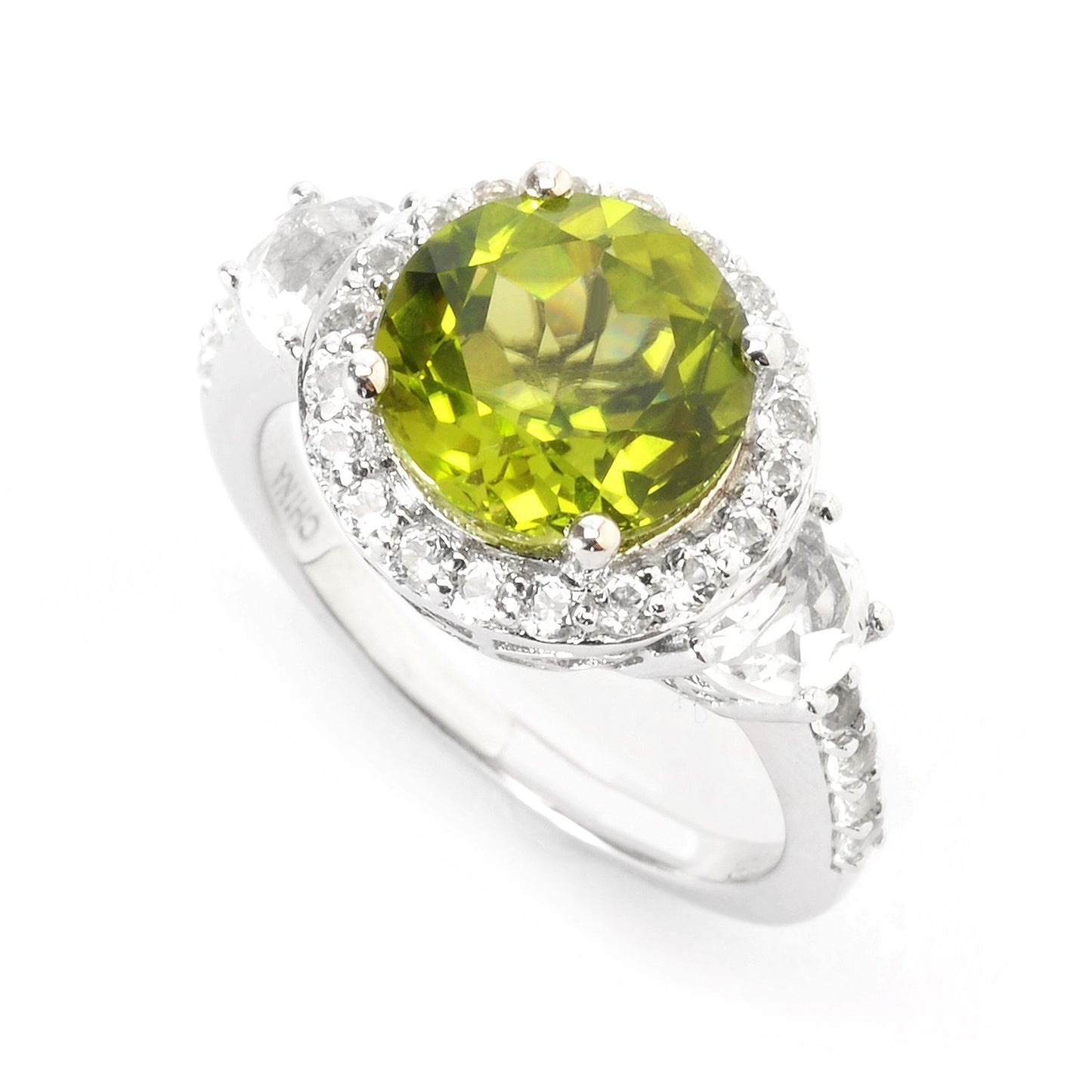 Pinctore Sterling Silver 4.11ctw Peridot & White Topaz Halo Ring - pinctore