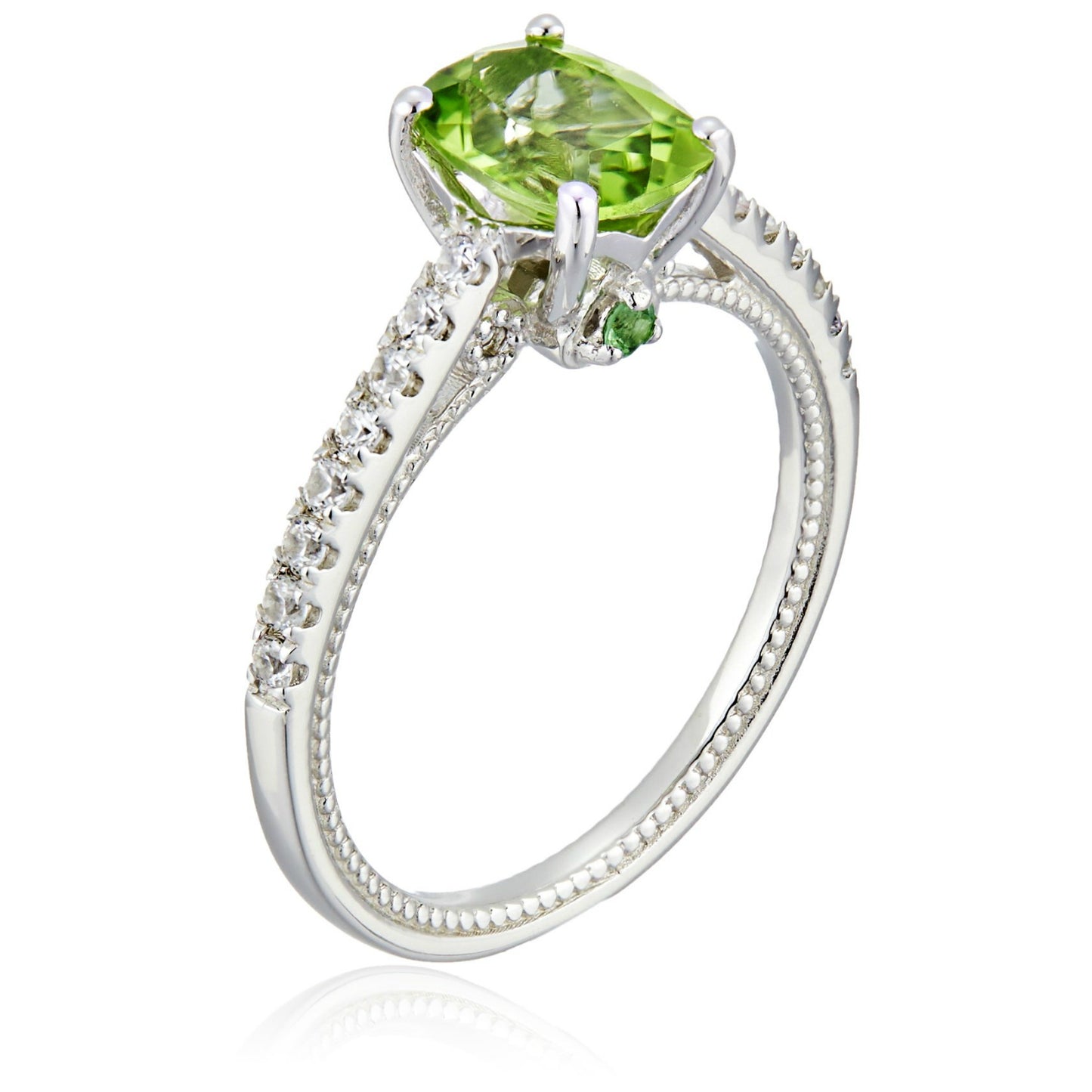 Sterling Silver Peridot, Tsavorite And Natural White Zircon Cushion Solitaire Engagement Ring - pinctore