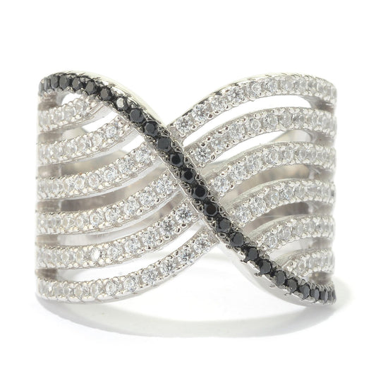 925 Sterling Silver Black Spinel, White Topaz Ring - Pinctore