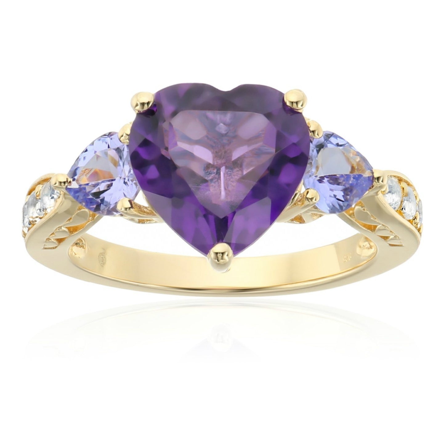 Pinctore Yellow Gold-Plated Silver Amethyst, Tanzanite 3-stone Heart Ring - pinctore