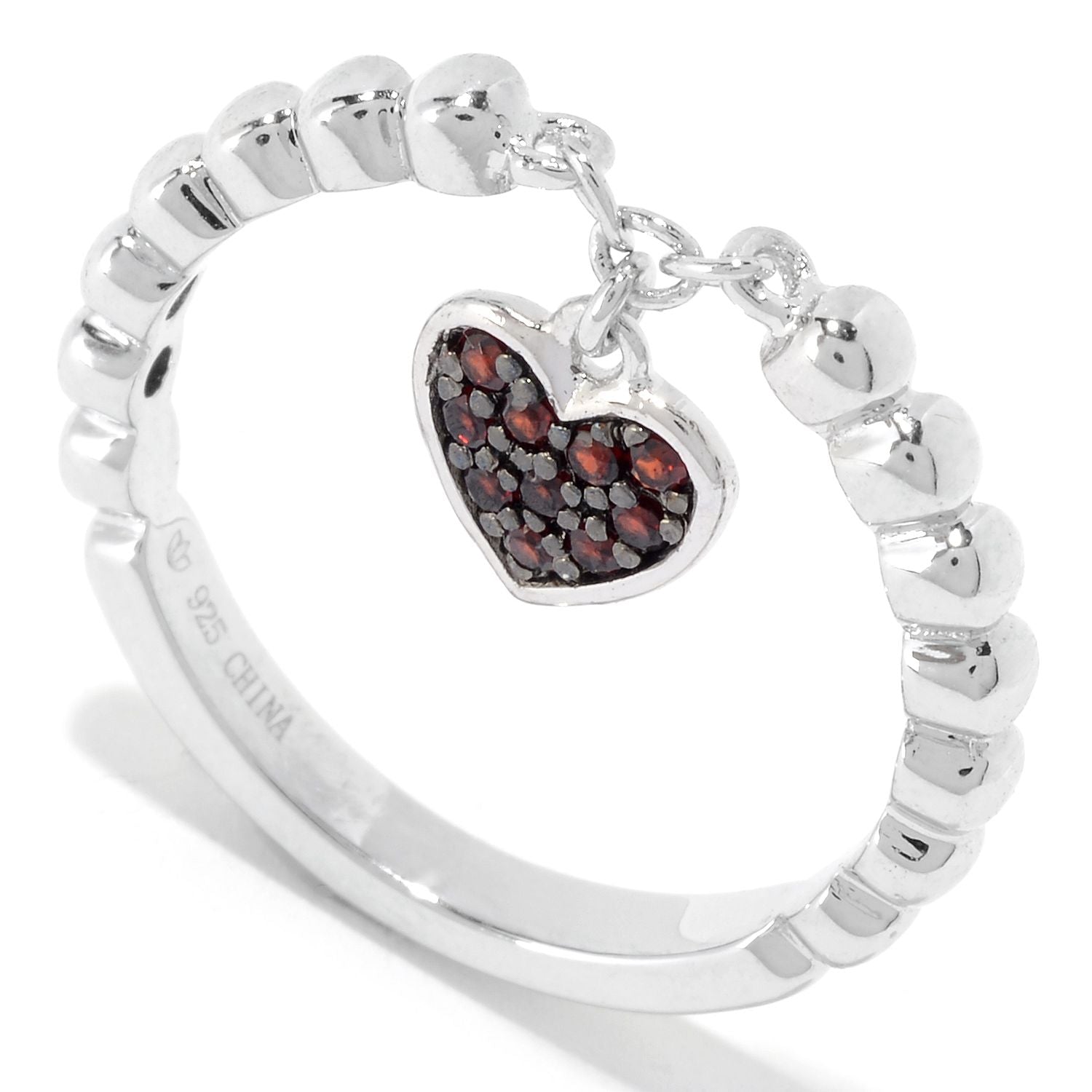 Pinctore Sterling Silver Round Red Garnet Dangle Charm Stack Band Ring - pinctore