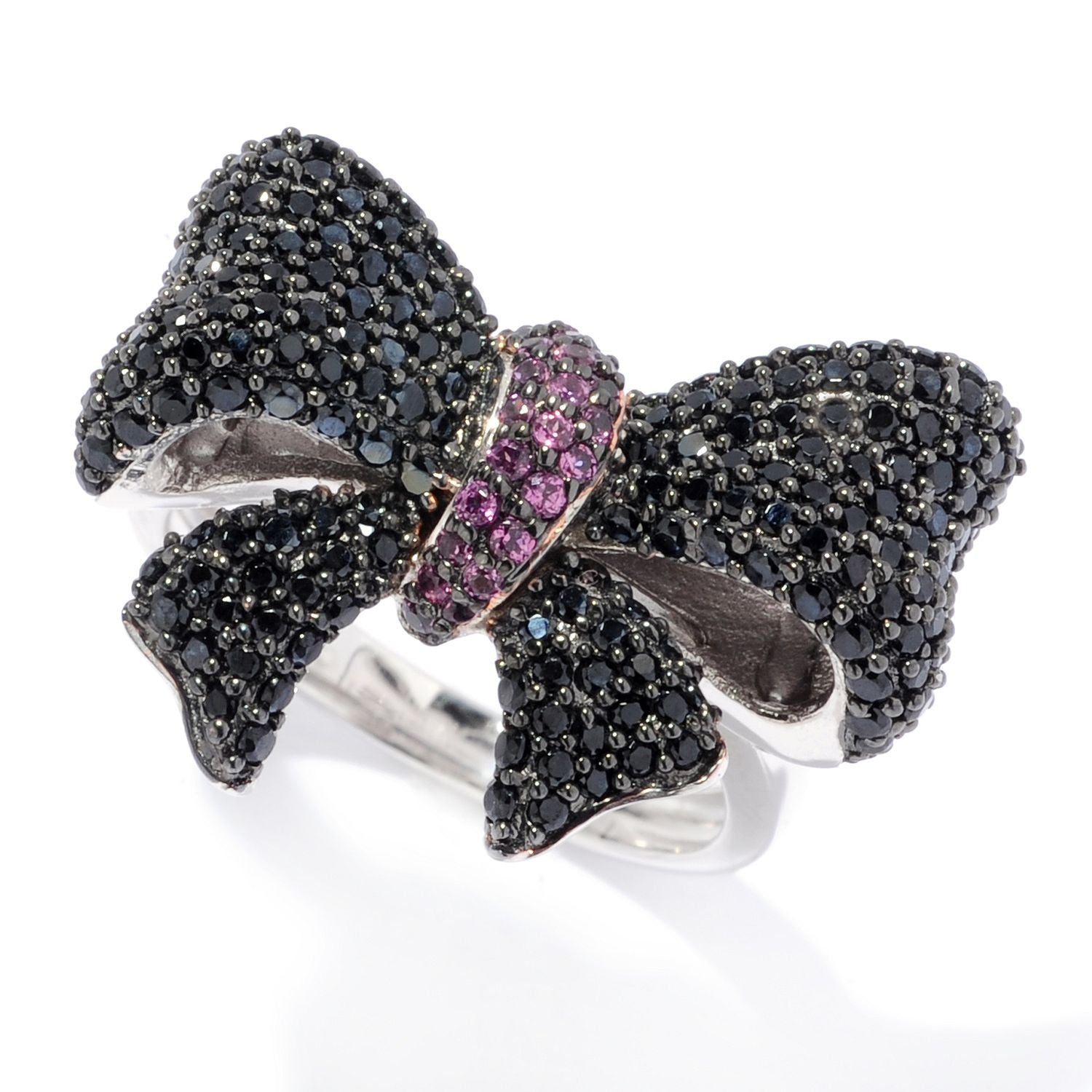 Pinctore Sterling Silver Black Spinel & Rhodolite Garnet Bow Ring - pinctore
