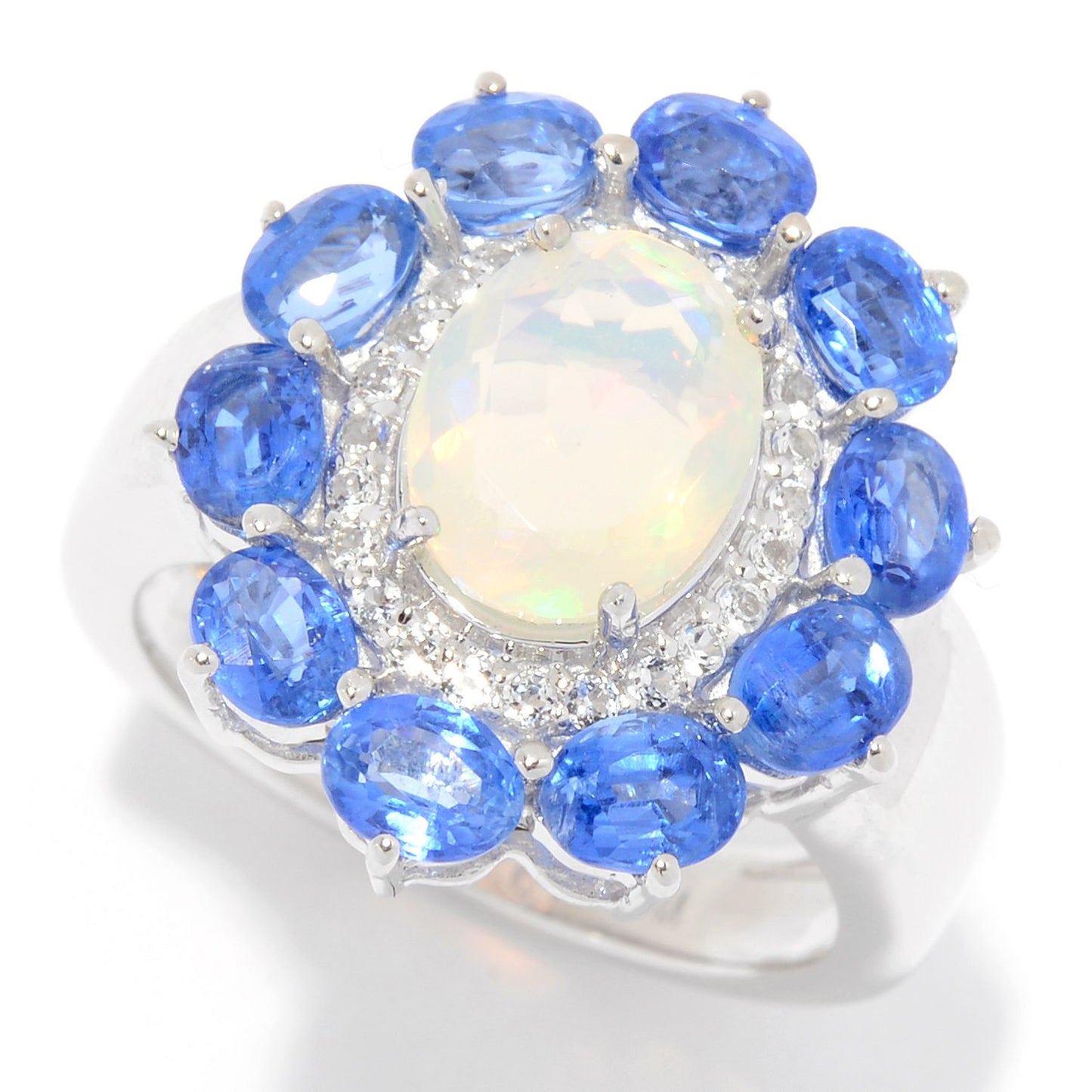 Pinctore Sterling Silver Ethiopian Opal, Kyanite & White Topaz Flower Ring - pinctore