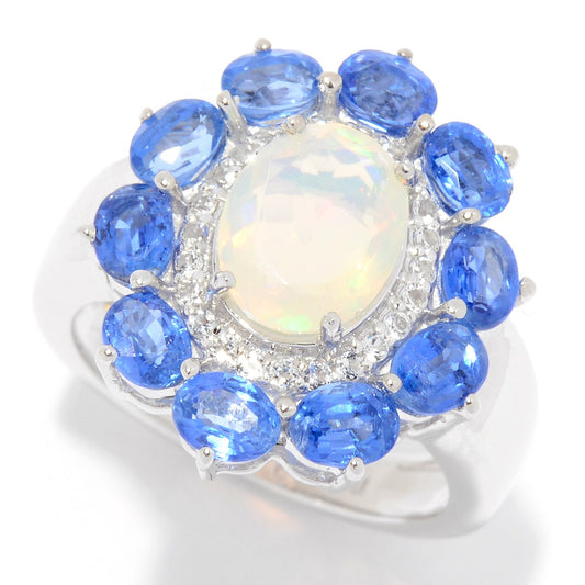 Pinctore Sterling Silver Ethiopian Opal, Kyanite & White Topaz Flower Ring - pinctore