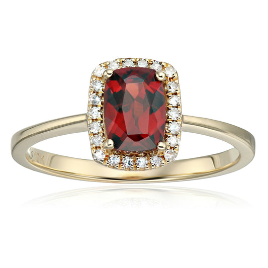 10k Yellow Gold Red Garnet and Diamond Cushion Halo Engagement Ring (1/10cttw, H-I Color, I1-I2 Clarity), - pinctore