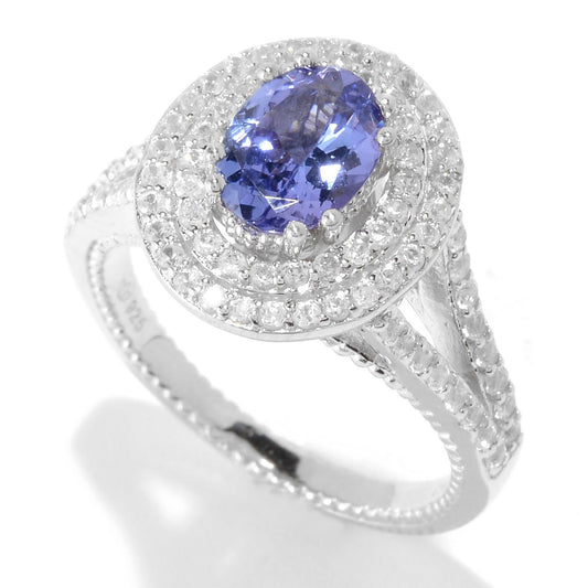 Pinctore Sterling Silver Tanzanite & White Zircon Double Halo Ring - pinctore