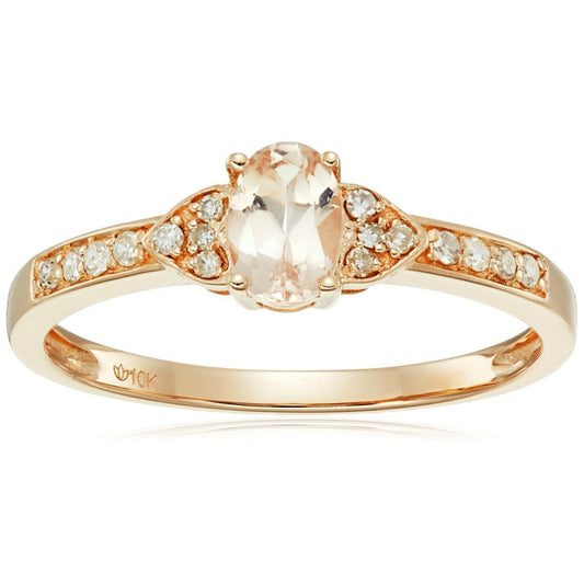 10k Rose Gold Morganite Oval and Diamond Solitaire Stackable Ring (1/10 cttw I-J Color, I2-I3 Clarity), - pinctore