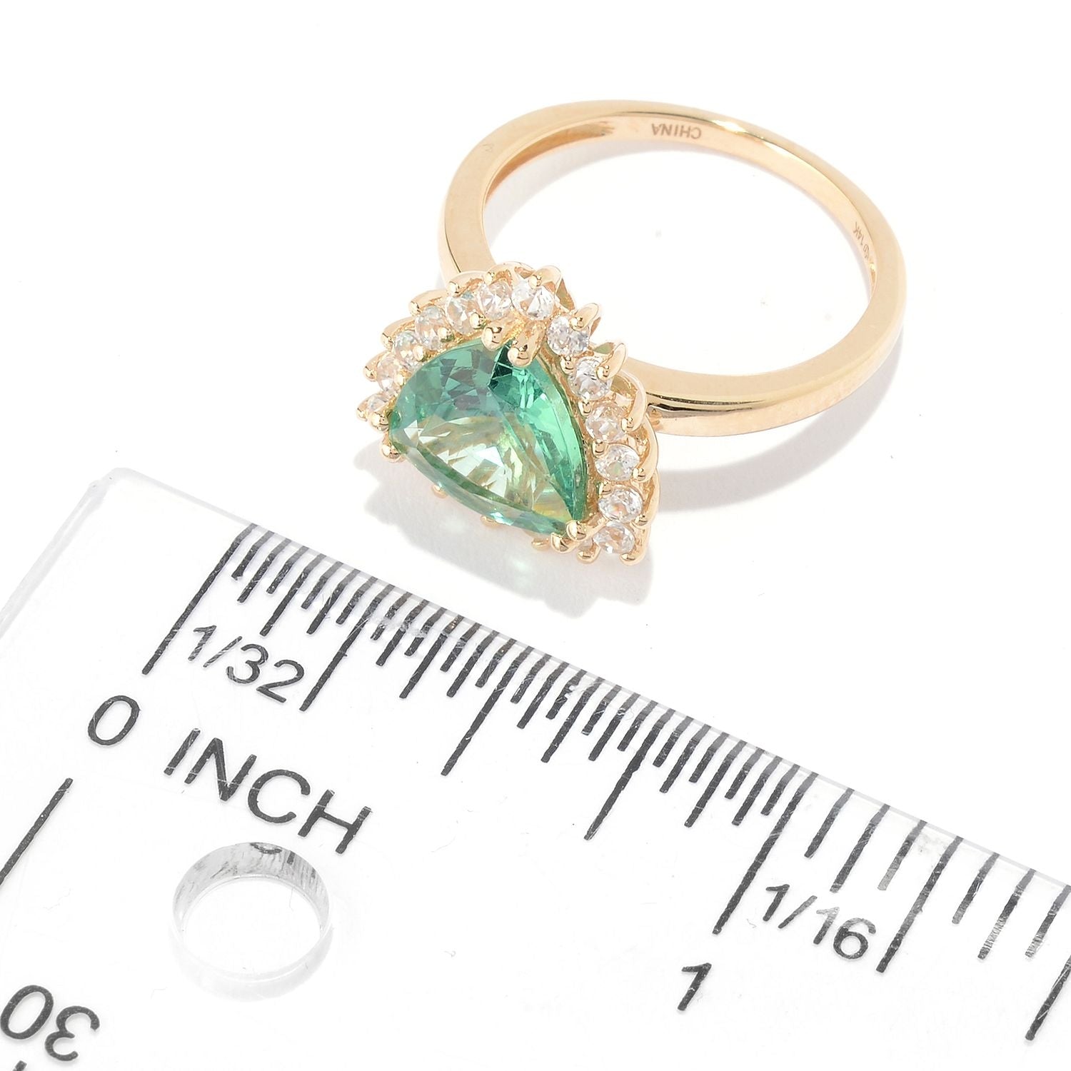Pinctore 14K Gold 3.28ctw Trillion Shaped Green Apatite & White Zircon Ring - pinctore