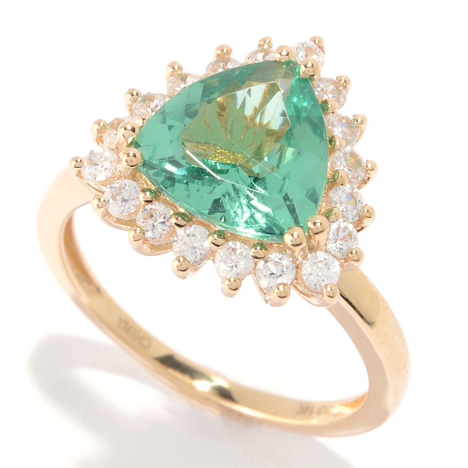 Pinctore 14K Gold 3.28ctw Trillion Shaped Green Apatite & White Zircon Ring - pinctore