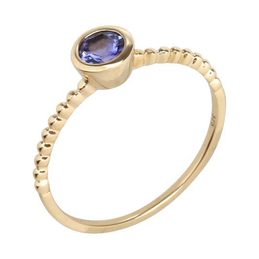 10k Yellow Gold Tanzanite Round Solitaire Beaded Shank Stackable Ring - pinctore