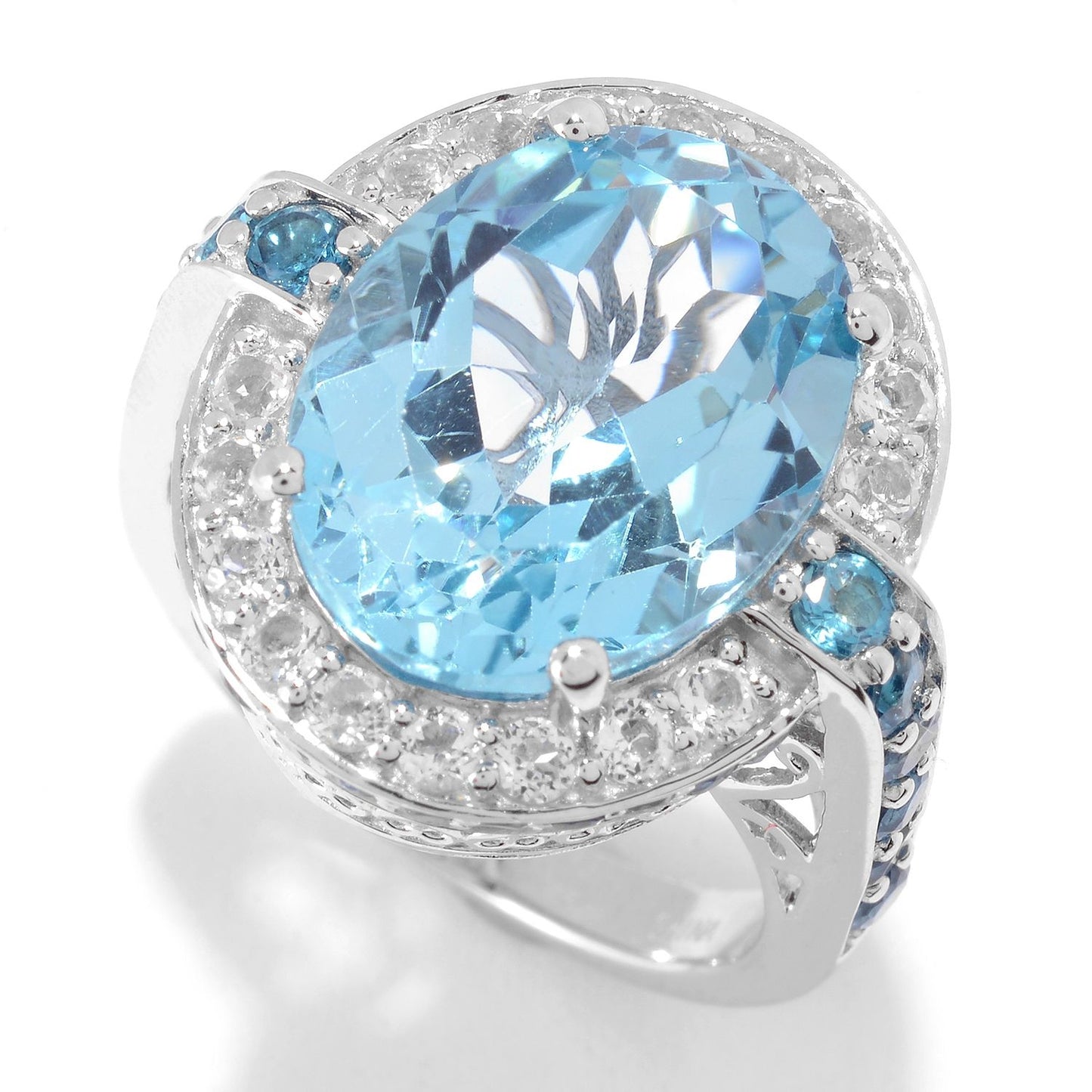 Pinctore Sterling Silver Swiss Blue Topaz & White Topaz Ring - pinctore