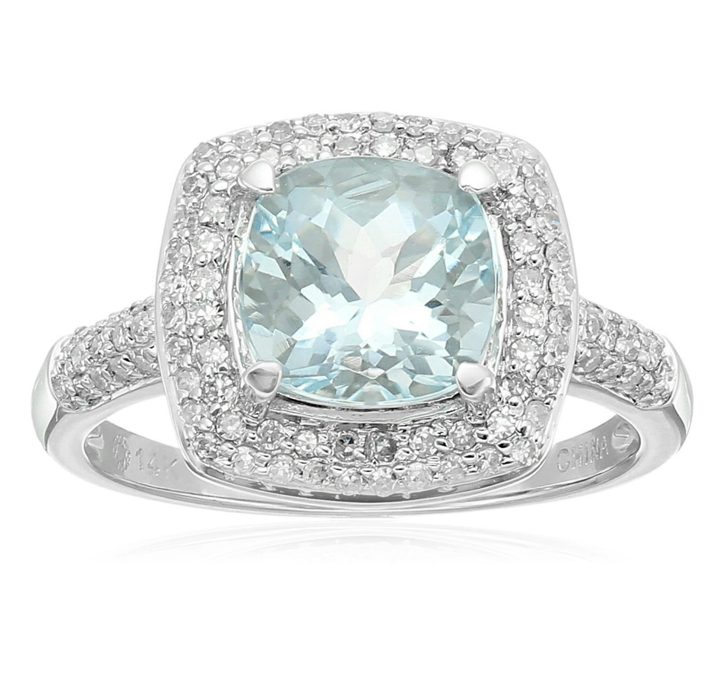 Pinctore 14k White Gold Aquamarine Cushion and Diamond Halo Ring - pinctore