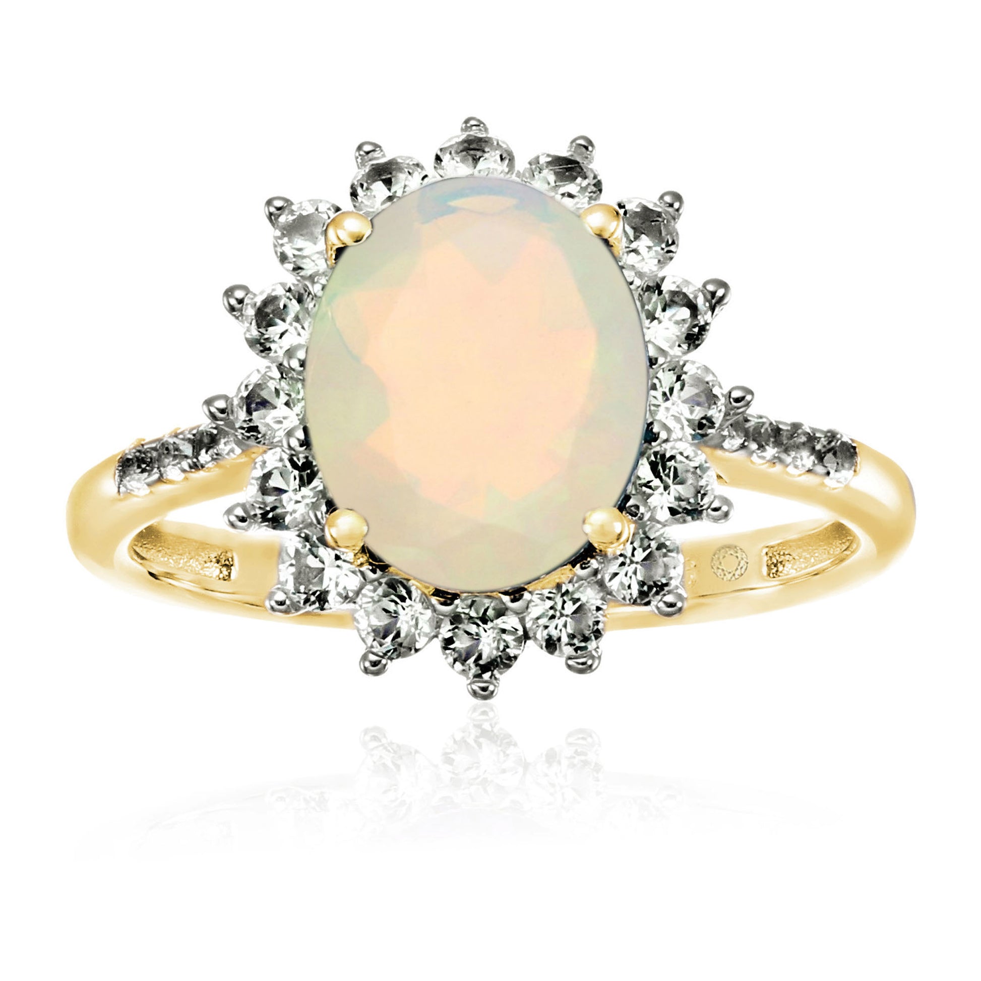 Yellow Over Sterling Silver Ethiopian Opal, Created White Sapphire Ring - Pinctore