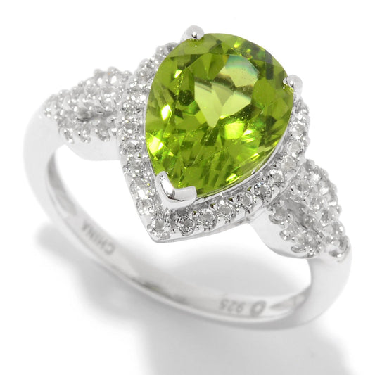Pinctore Sterling Silver 3.35ctw Pear Cut Peridot & White Topaz Halo Ring - pinctore
