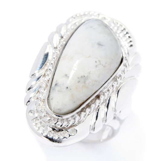 Pinctore Sterling Silver 22 x 10.5mm White Buffalo Quartz Ring - pinctore