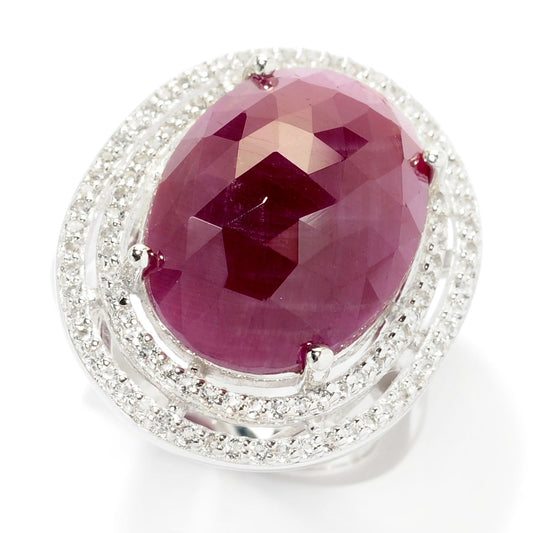 Pinctore Sterling Silver Indian Ruby & White Topaz Double Halo Ring - pinctore