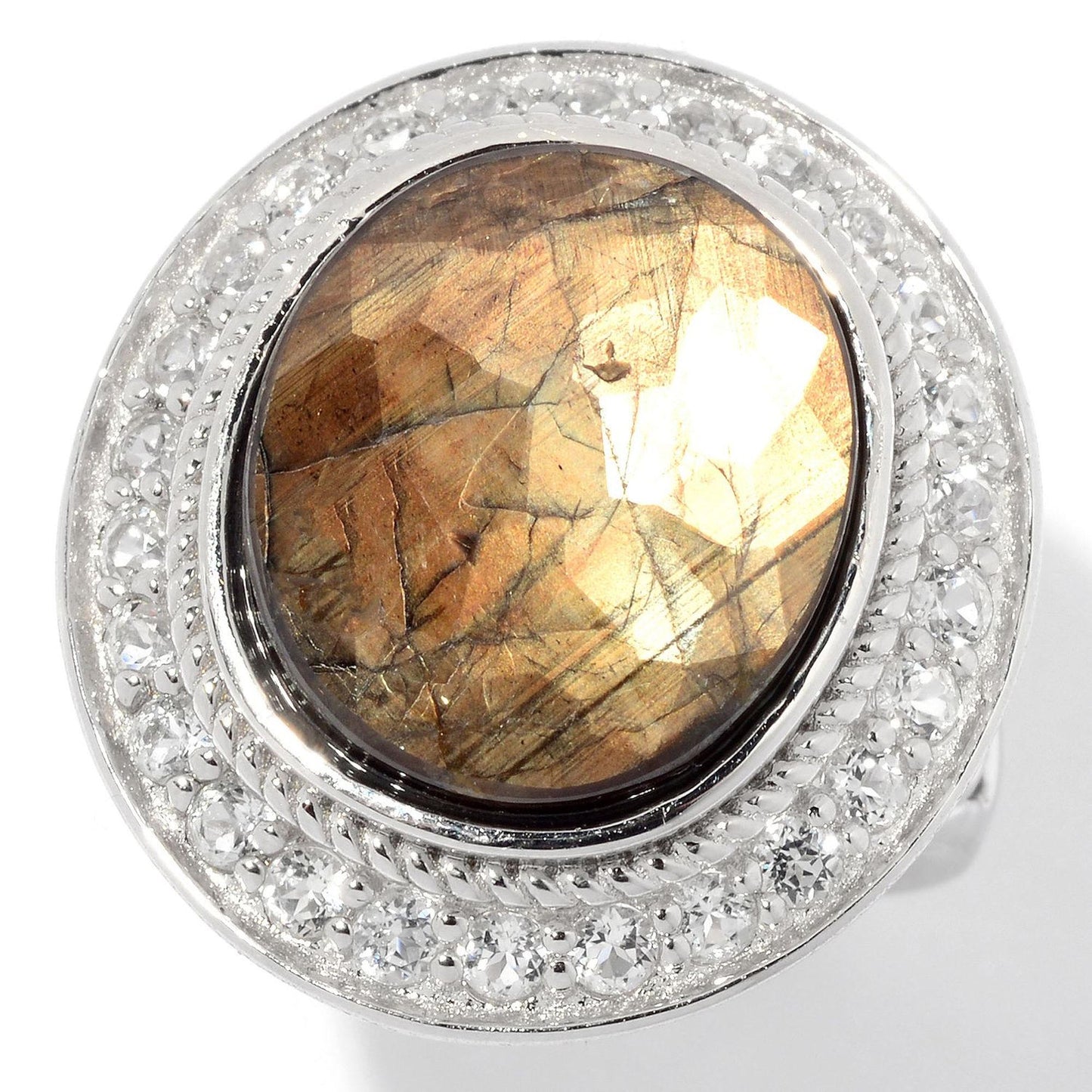 Sterling Silver 925 Golden Sheen Sapphire, White Topaz Ring - Pinctore