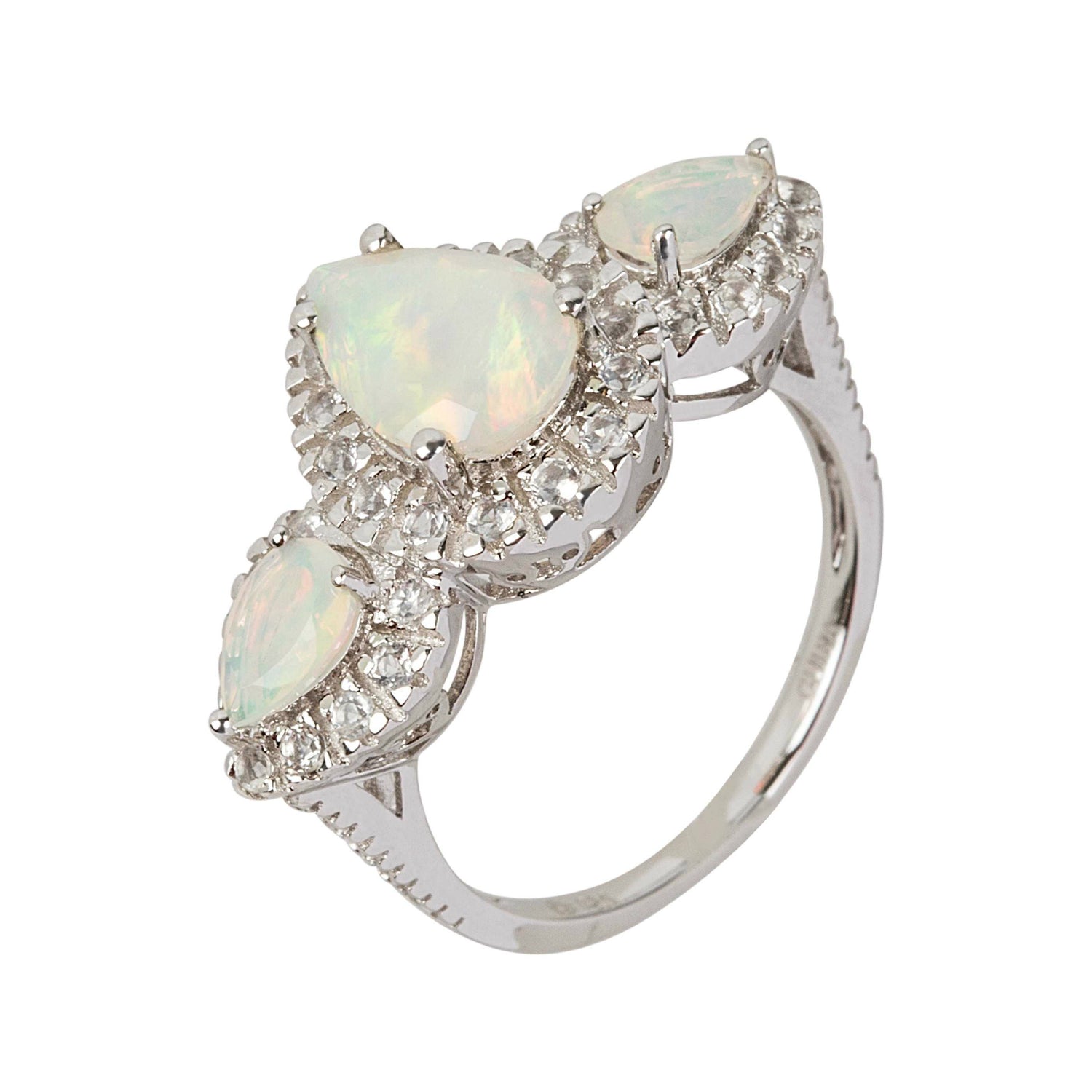 Pinctore Sterling Silver Ethiopian Opal & White Topaz 3-Stone Halo Ring - pinctore