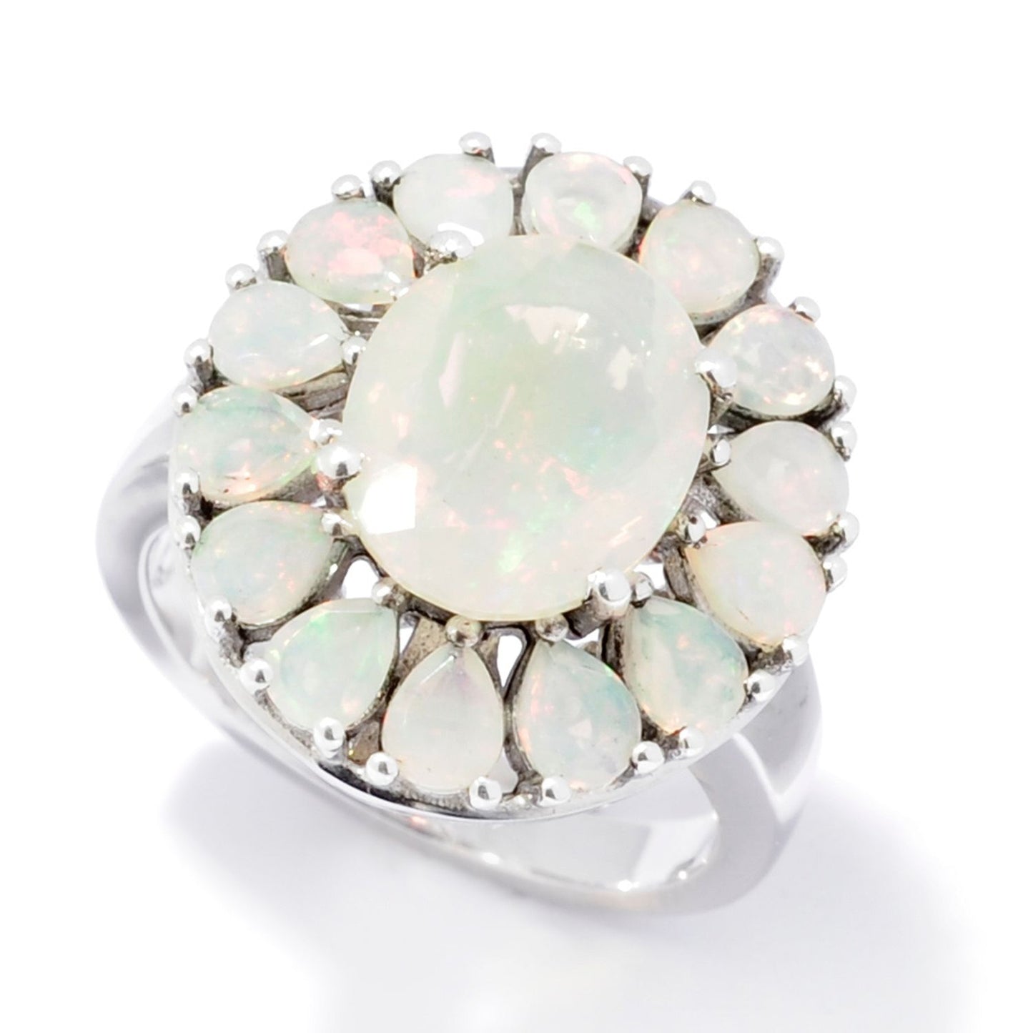 Pinctore Sterling Silver 11 x 9mm Oval Ethiopian Opal Flower Ring - pinctore
