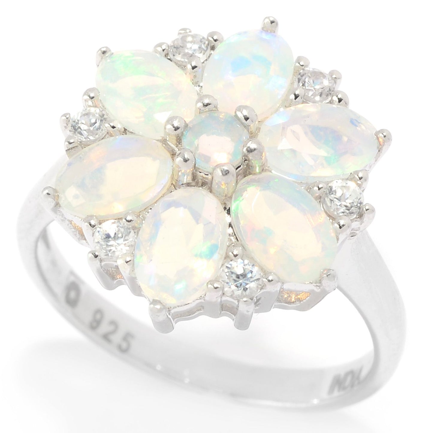 Pinctore Sterling Silver Ethiopian Opal & White Zircon Flower Ring - pinctore