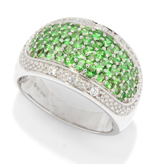 Pinctore Sterling Silver 1.32ctw Tsavorite & White Zircon Wide Band Ring - pinctore
