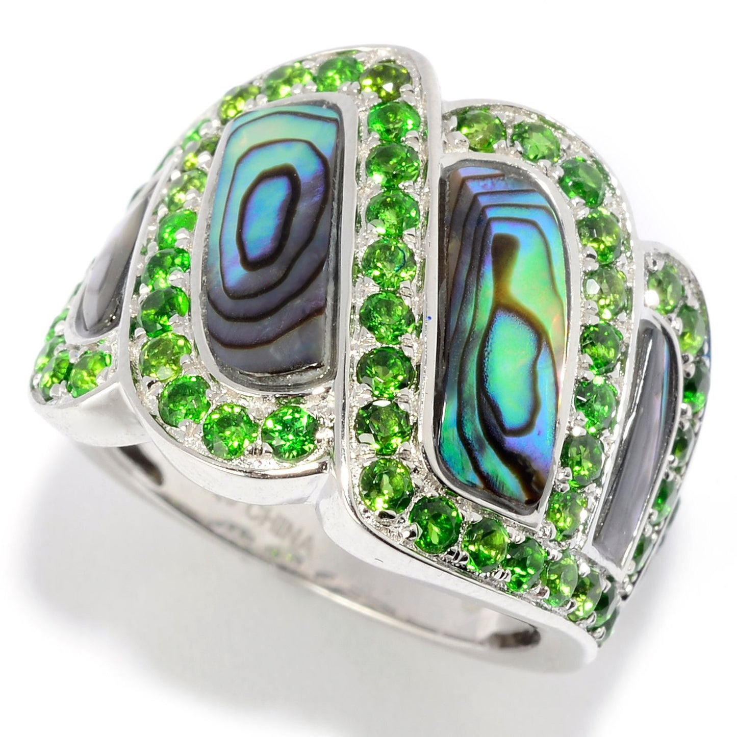 Pinctore Sterling Silver Abalone & Chrome Diopside Wide Band Ring - pinctore