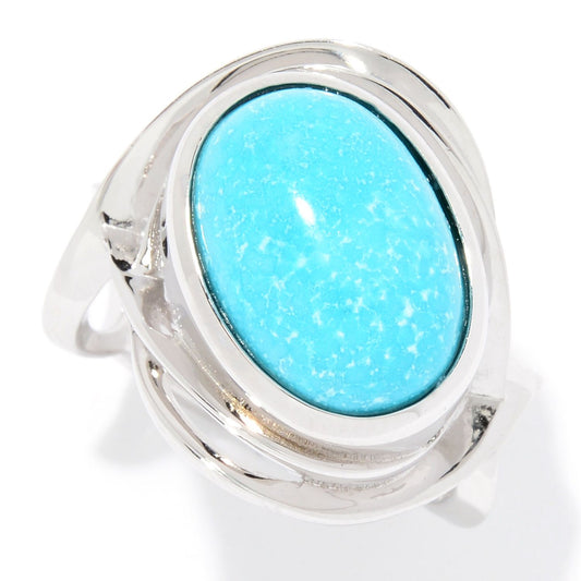Pinctore Sterling Silver 14 x 10mm Oval Stabilized Turquoise Fancy Shank Ring - pinctore