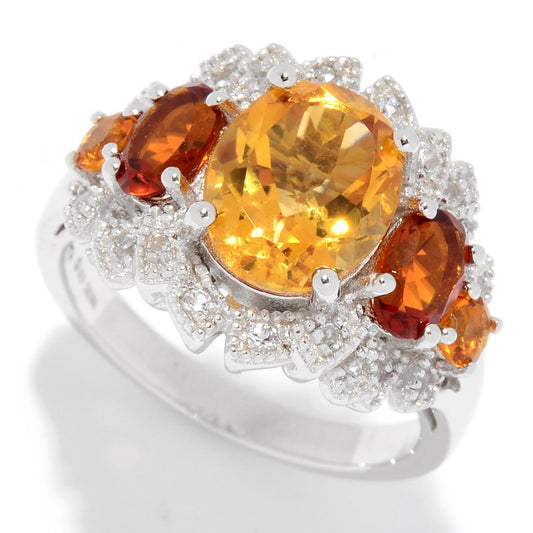 Pinctore Sterling Silver Citrine & White Topaz Fancy Halo Ring - pinctore