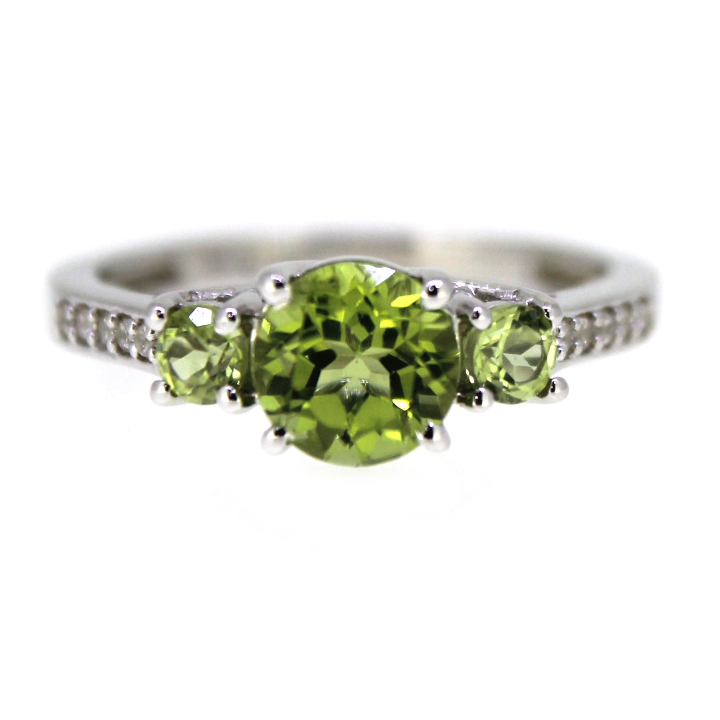 925 Sterling Silver Peridot, White Natural Zircon 3-Stone Ring - Pinctore