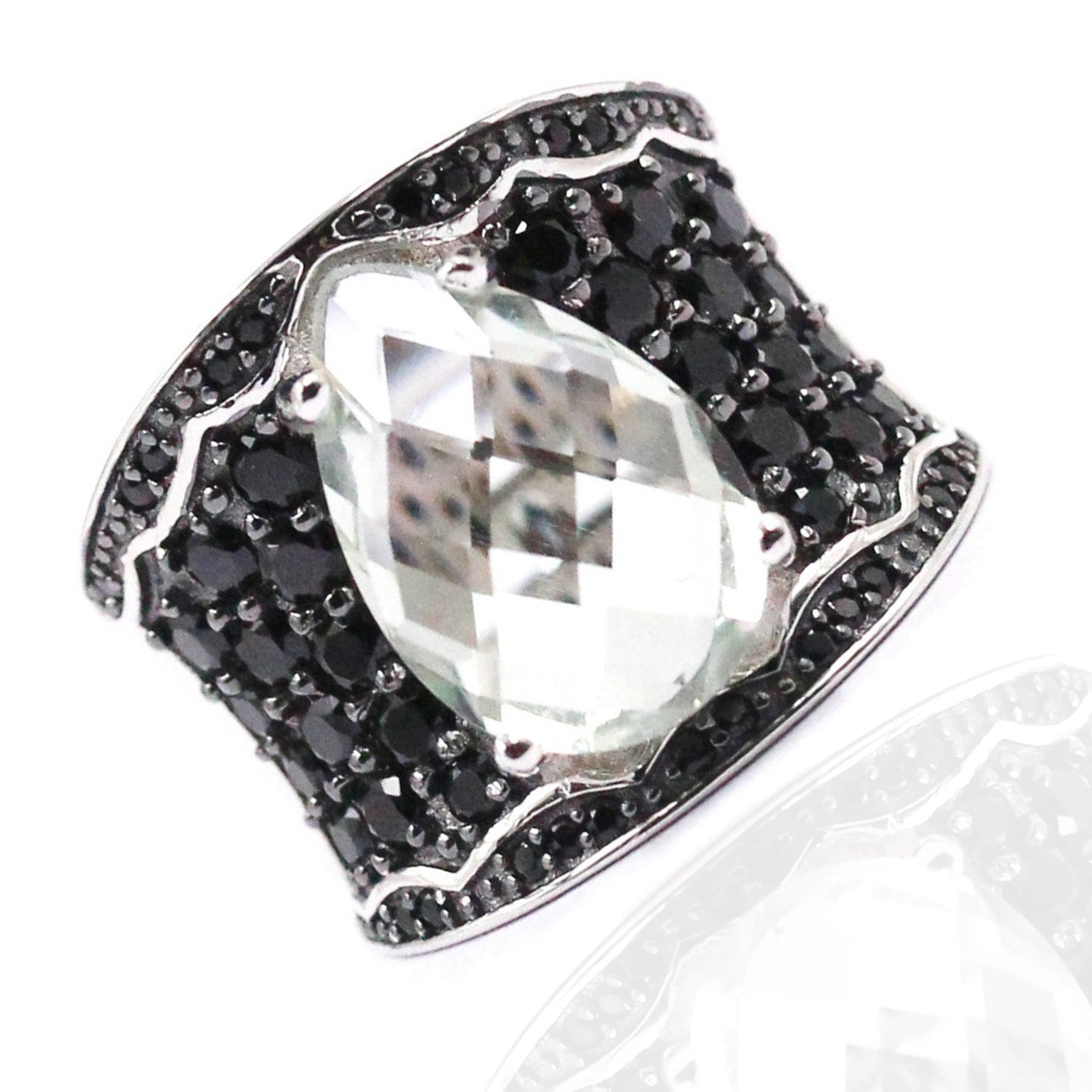 925 Sterling Silver Green Amethyst, Black Spinel Ring - Pinctore