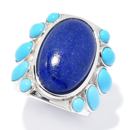 Pinctore 20 x 12mm Oval Shaped Lapis & Sonora Beauty Turquoise Ring - pinctore