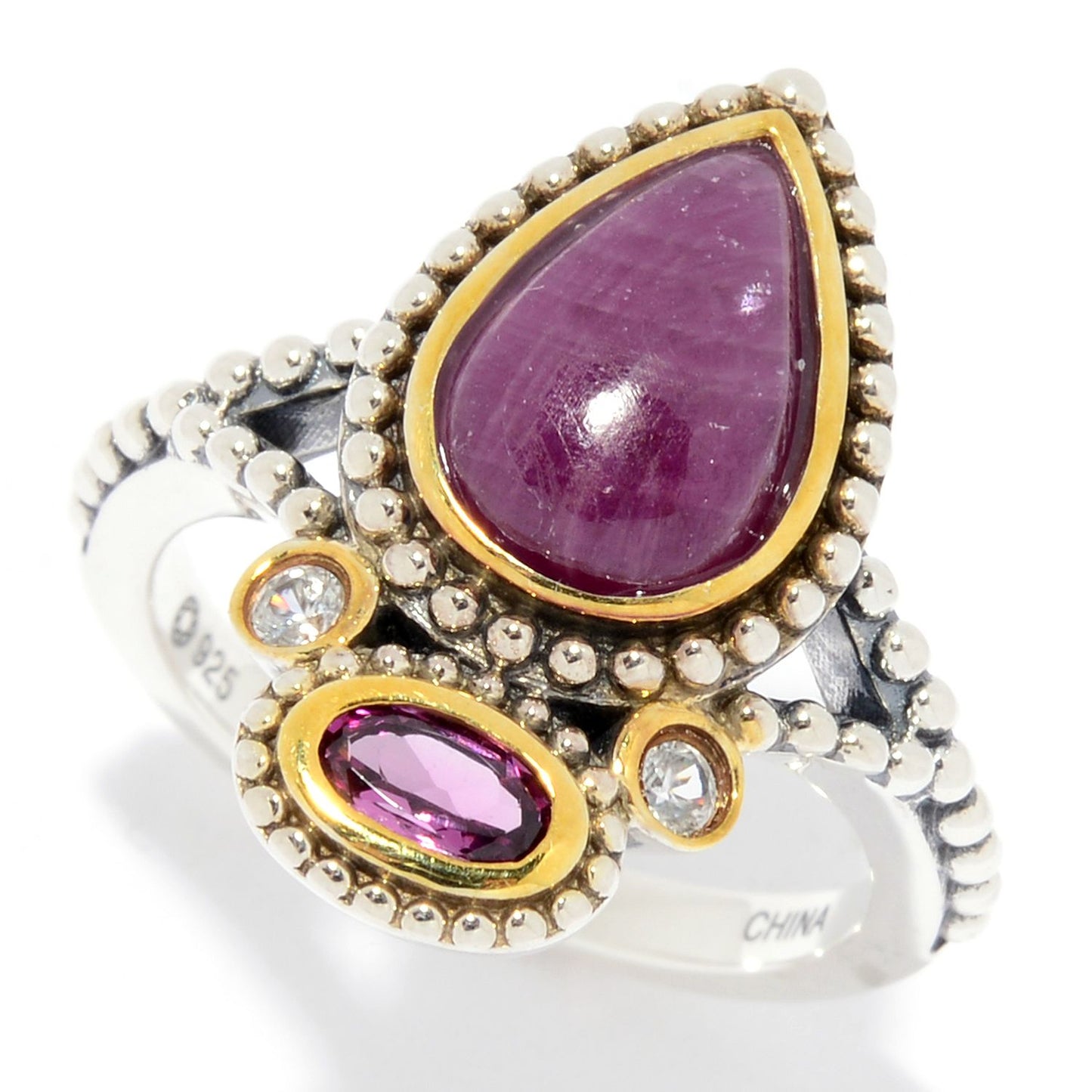Pinctore Sterling Silver Ruby, Rhodolite & White Zircon Beaded Ring - pinctore