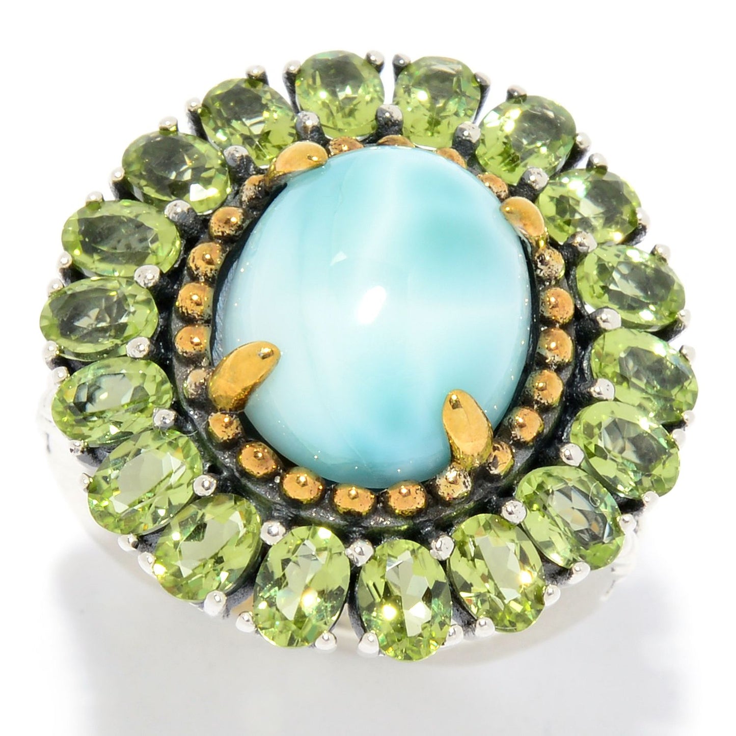 Pinctore Sterling Silver 12 x 10mm Oval Larimar & Peridot Halo Ring - pinctore