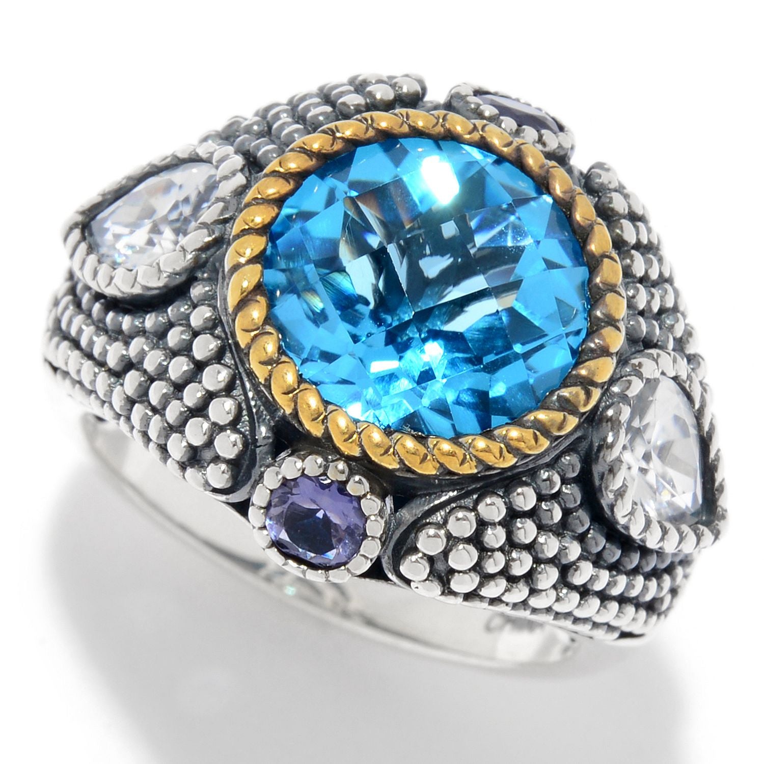Pinctore Sterling Silver 5.20ctw Swiss Blue Topaz & Multi Gem Beaded Ring - pinctore