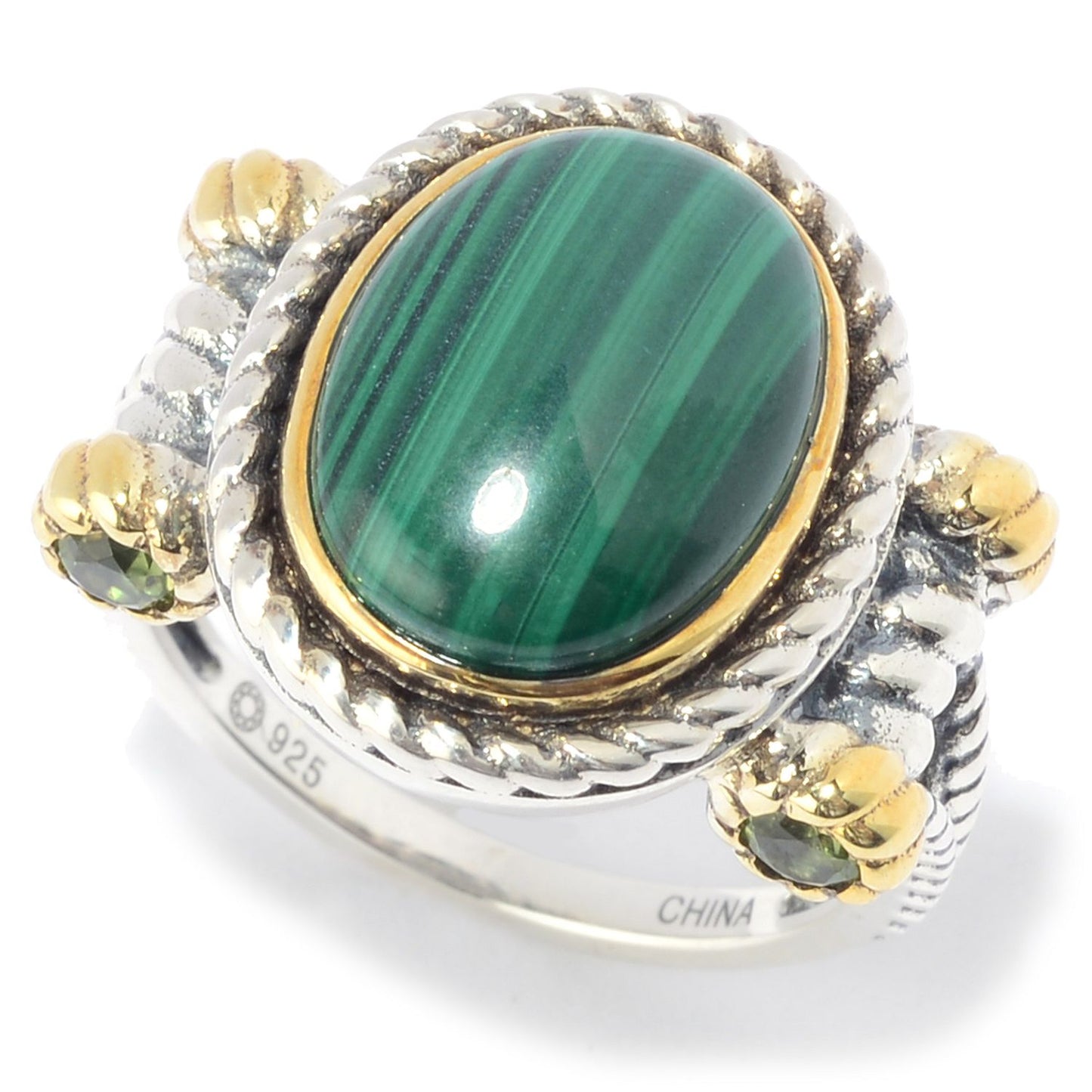 Pinctore Sterling Silver 14 x 10mm Oval Malachite & Peridot Rope Ring - pinctore