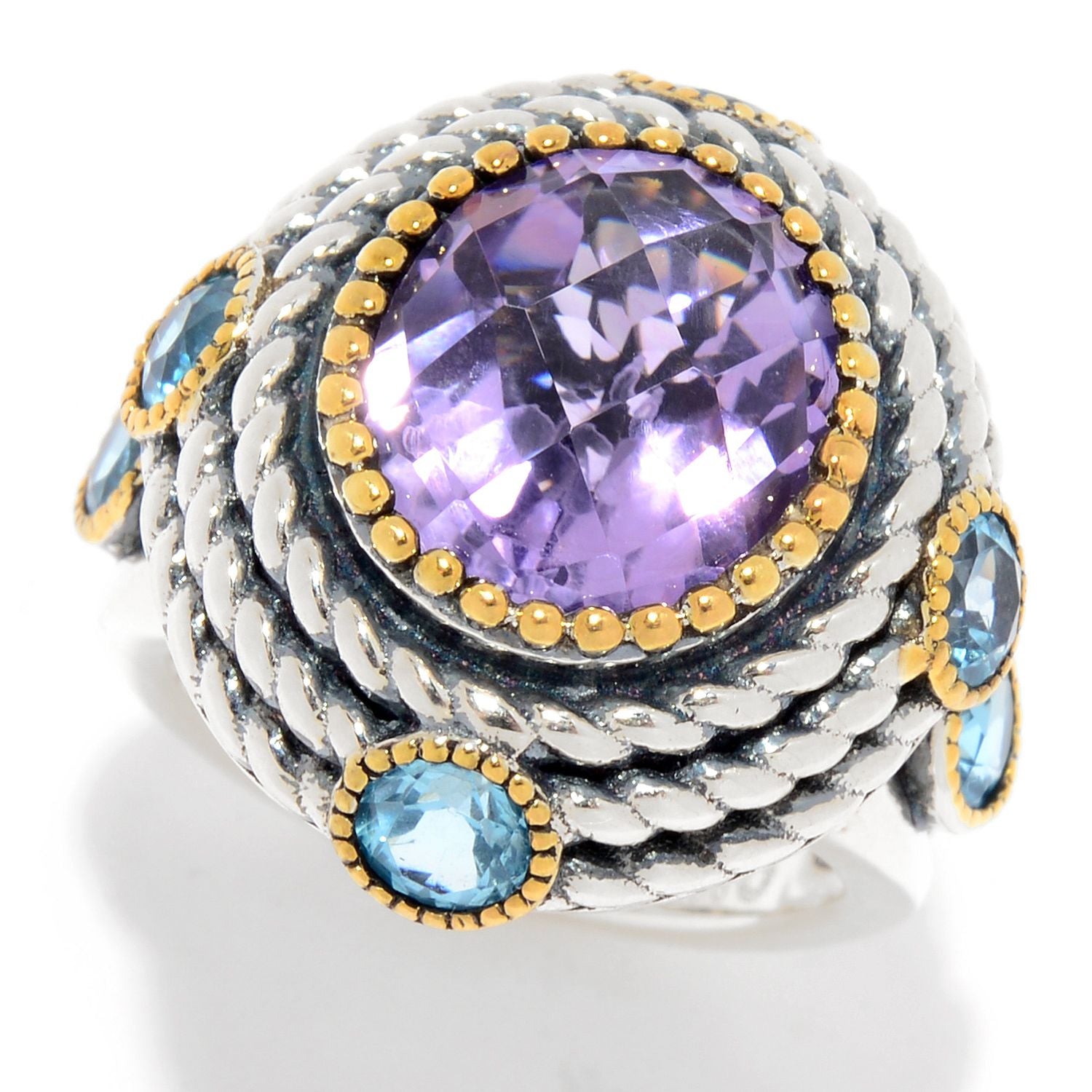 Pinctore 6.80ctw Pink Amethyst & Swiss Blue Topaz Halo Ring - pinctore