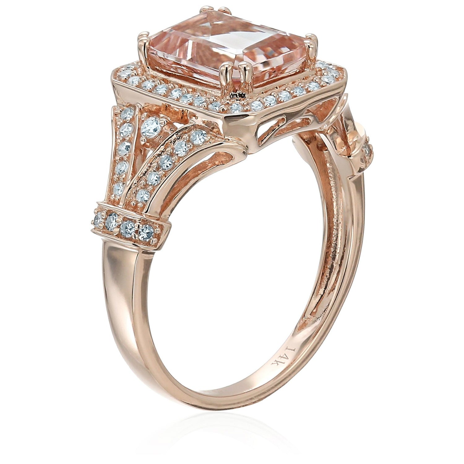 Pinctore 14k Rose Gold Emerald-cut Morganite and Diamond Halo Engagement Ring - pinctore