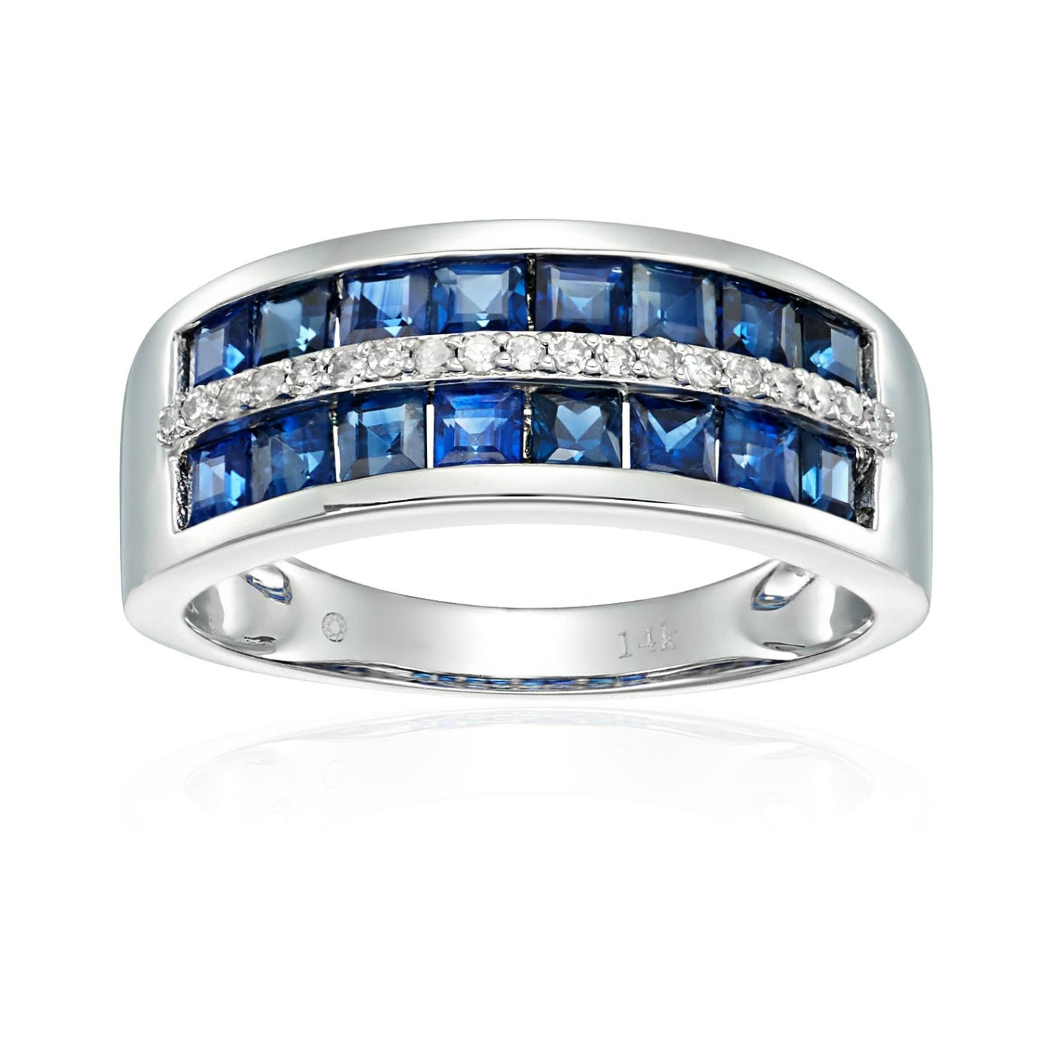 Pinctore 14k White Gold Blue Sapphire and Diamond Wedding Band - pinctore